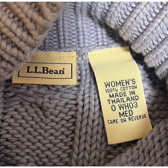 LL Bean Womens Sweater 100% Cotton Mock Neck Chunky Cable Knit Blue Medium - Picture 5 of 16